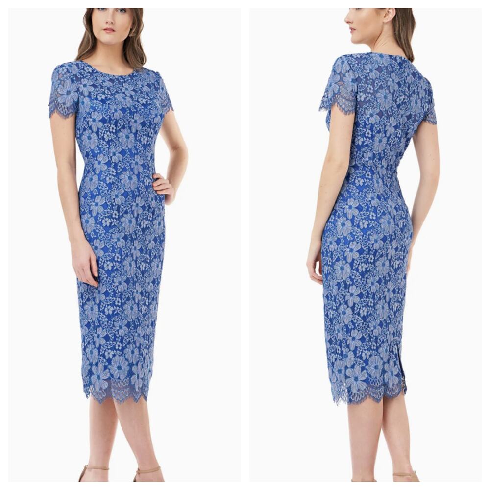 JS Collection Blue Lace Overlay Midi Cocktail Sheath Dress Sz 6